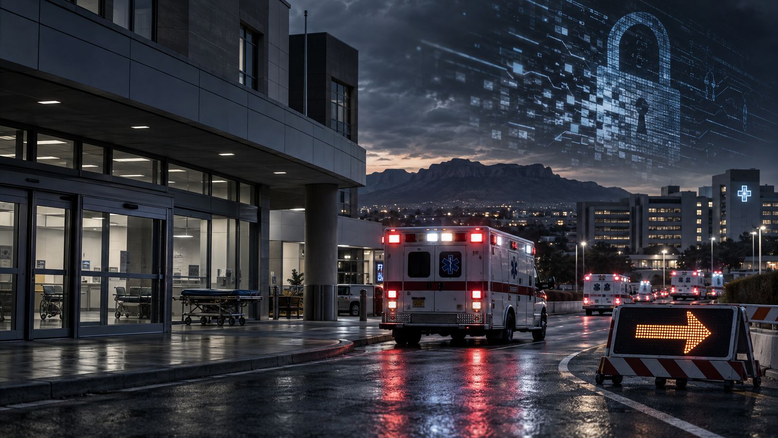 Editorial illustration for Hospital cyberattack diverts ambulances and closes clinics