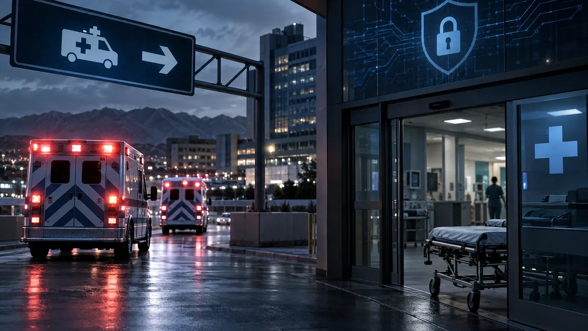 Editorial illustration for Hospital cyberattack diverts ambulances and cancels patient care